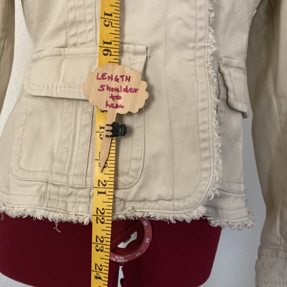 Live a Little Size small tan raw edging jacket 4 pockets 2 buttoned down front. - Picture 2 of 12